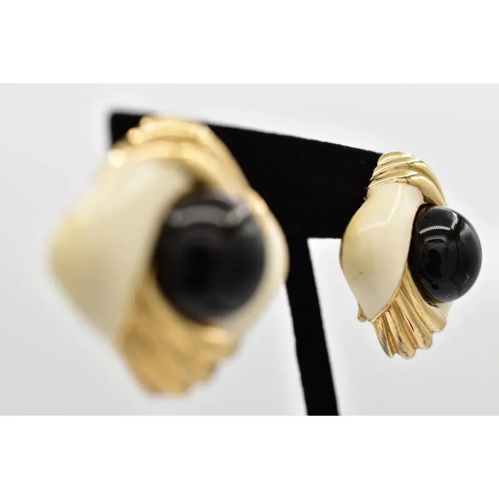 Ciner Vintage Cabochon Clip On Earrings Black Gold Heavy Chunky Signed 70s BinBB